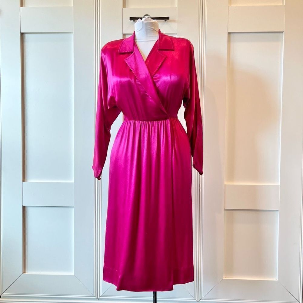 Vintage 80s Union Made Albert Nipon Silk Magenta Two Piece Dress Long Sleeve 4